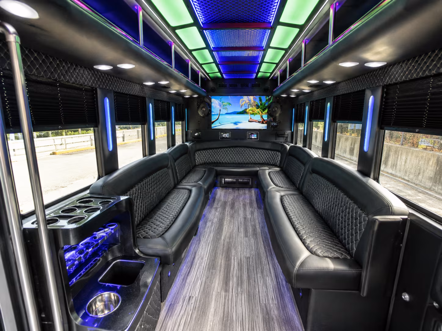 new bedford 18 passenger party bus inside