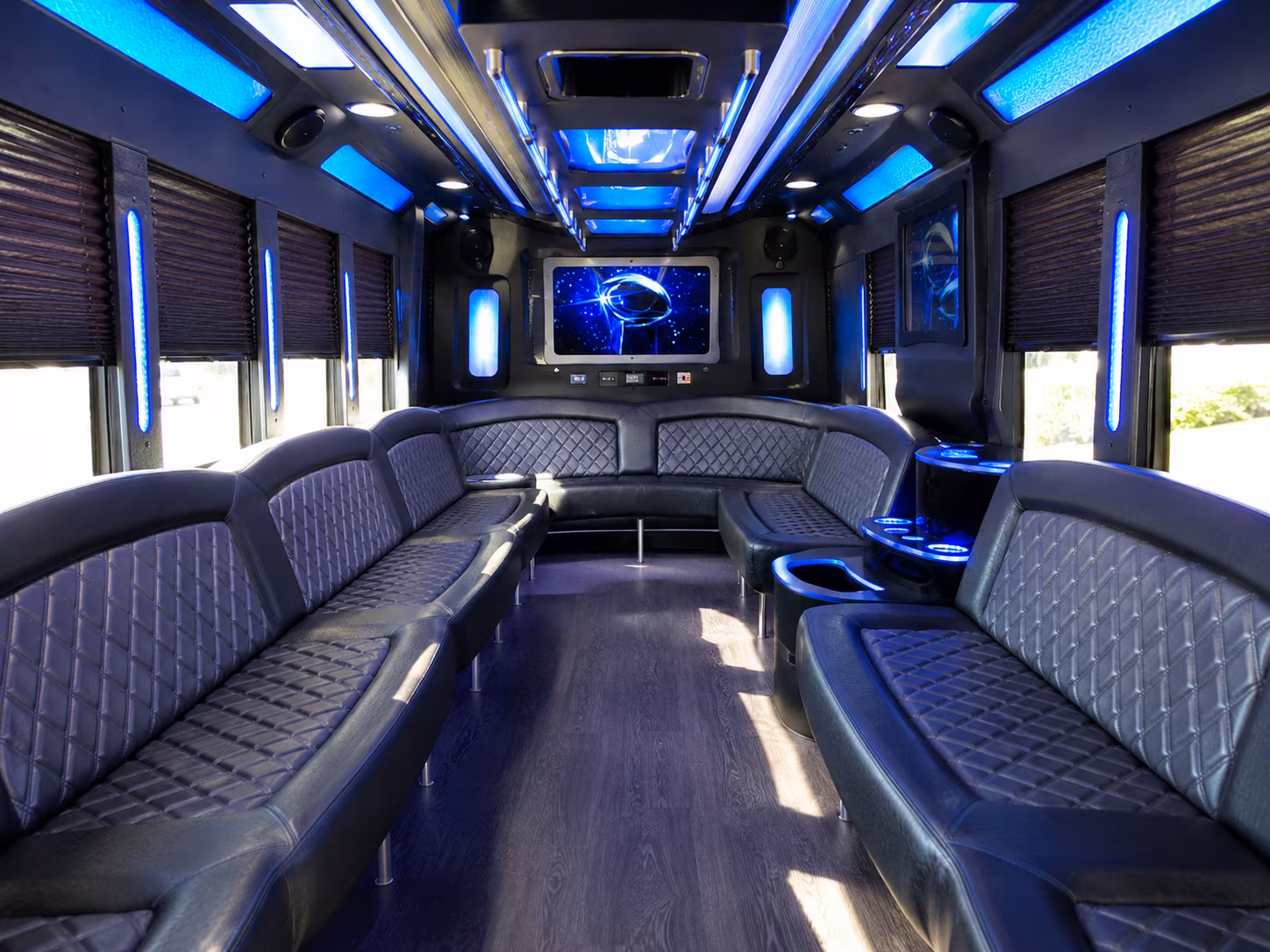new bedford 28 passenger party bus inside