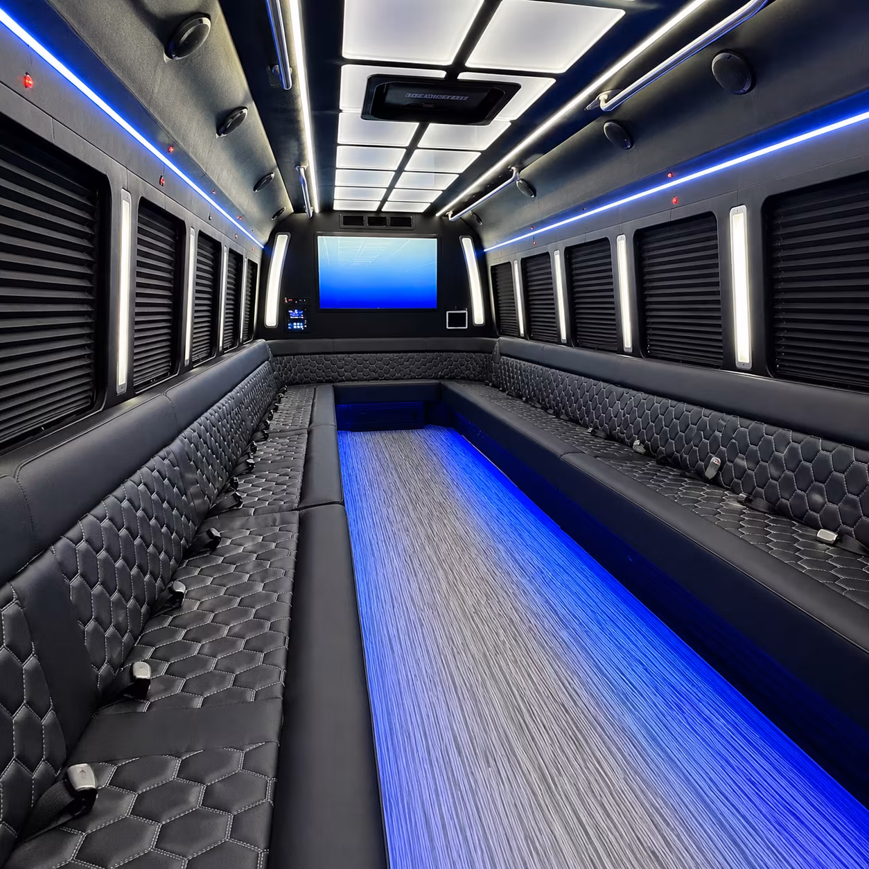 new bedford 50 passenger party bus inside
